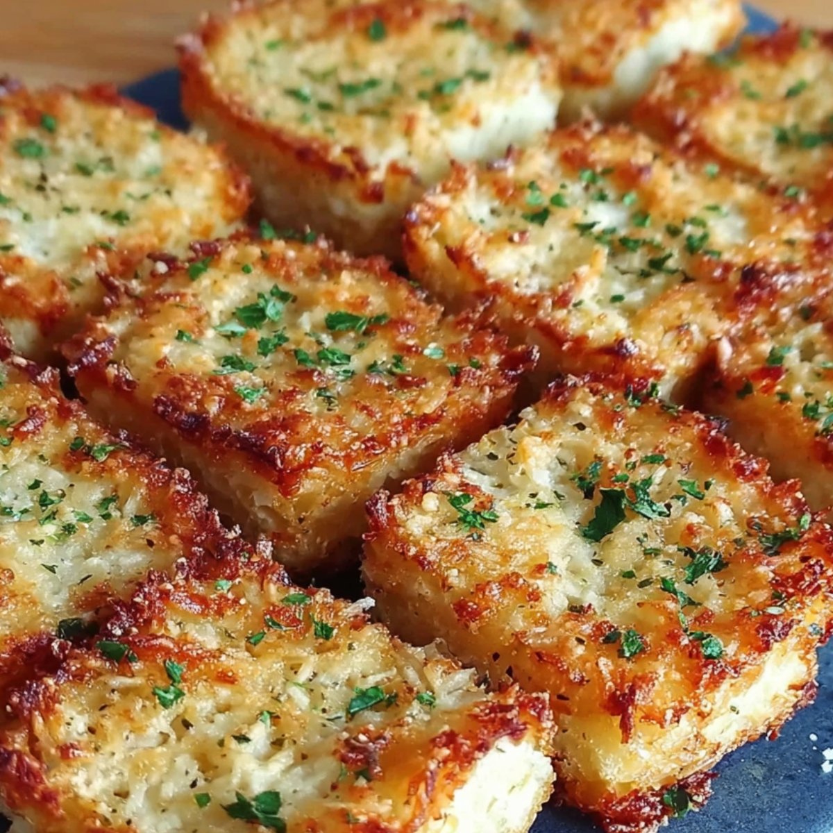 Plate of crispy Parmesan onion bread squares cut into neat golden pieces and sprinkled with herbs.