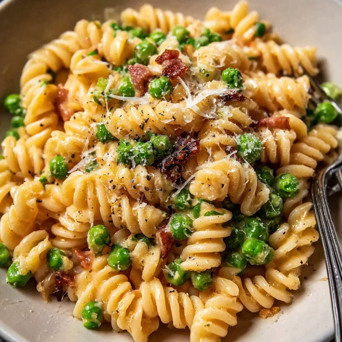 A bowl of creamy fusilli pasta with peas, Parmesan, and crispy bacon bits, garnished with black pepper.