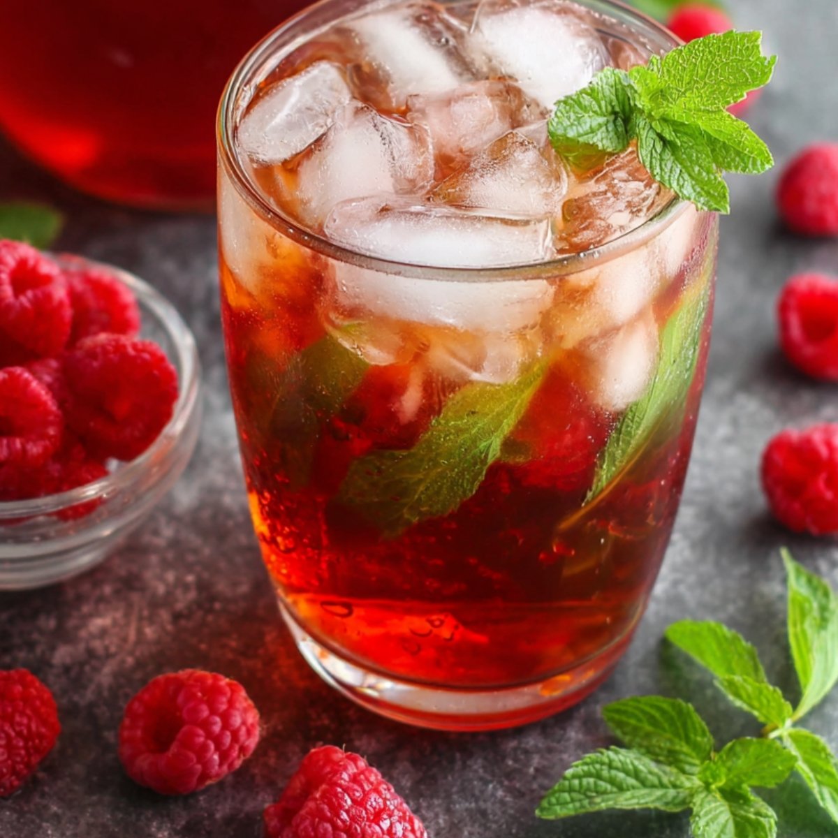 A glass of iced raspberry tea with fresh mint leaves, ice cubes, and raspberries, with extra raspberries scattered around.