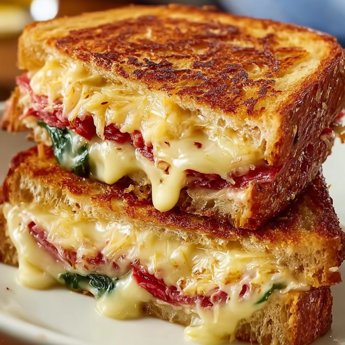A wooden board holding slices of rye bread layered with Swiss cheese and corned beef. Surrounding bowls contain mayonnaise, sliced onions, sauerkraut, relish, and seasonings—ingredients for making a Reuben sandwich.