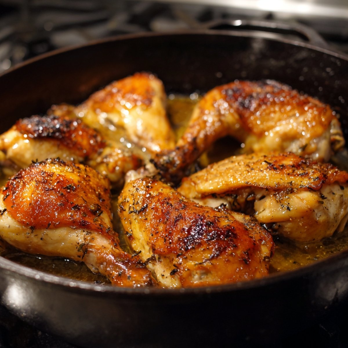 Golden-browned chicken pieces seared in a cast-iron skillet with herbs and butter.