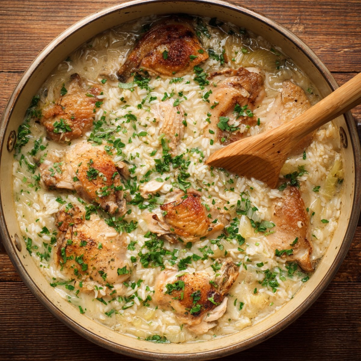 Creamy smothered chicken thighs simmered with fluffy white rice in a skillet, topped with fresh parsley.