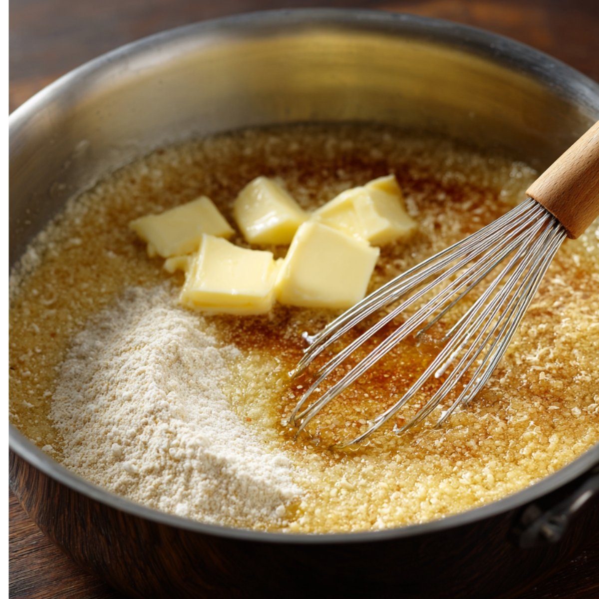 Butter and flour whisked together in a pan to make a roux base for creamy chicken sauce.