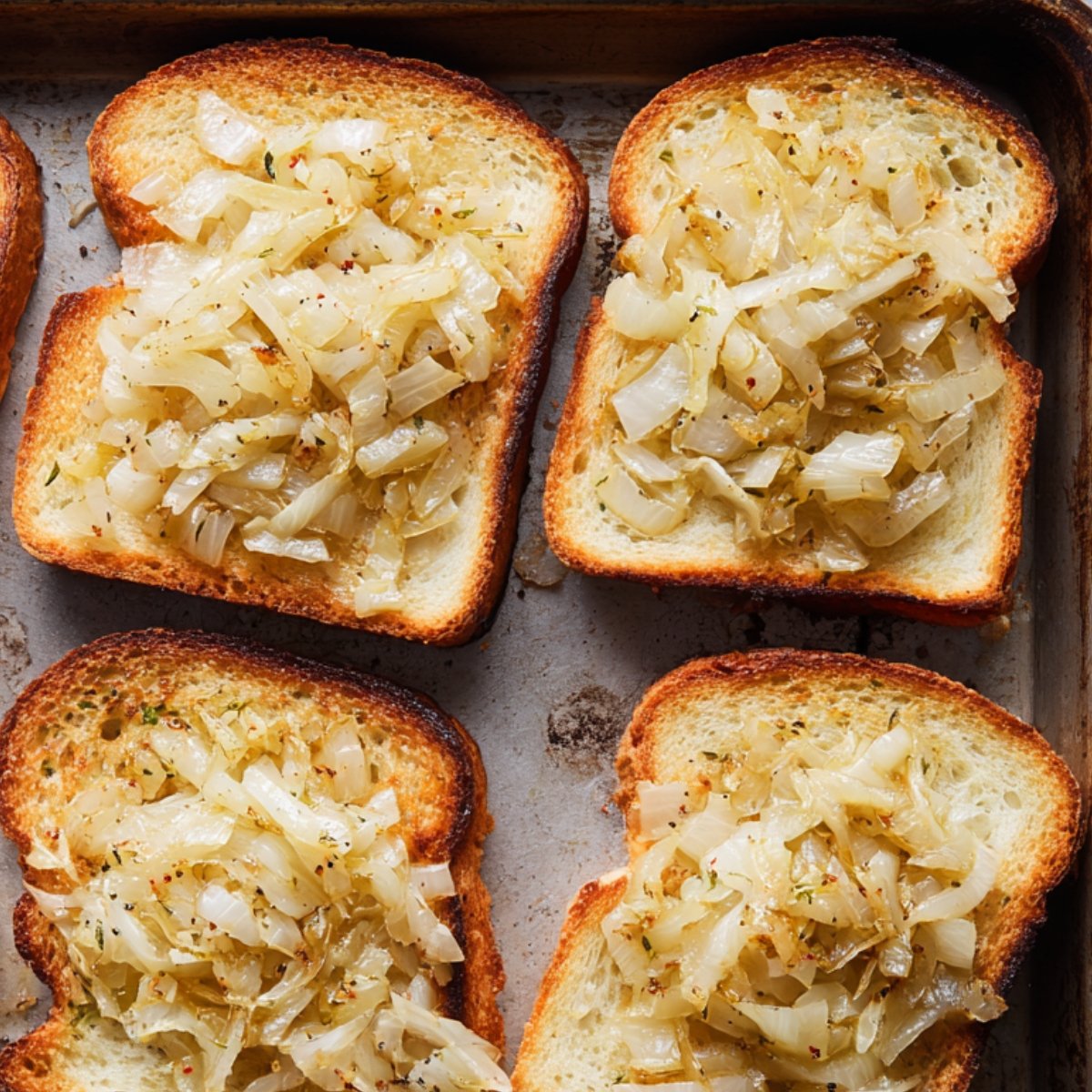 Slices of toasted bread on a baking sheet topped with cooked onions.