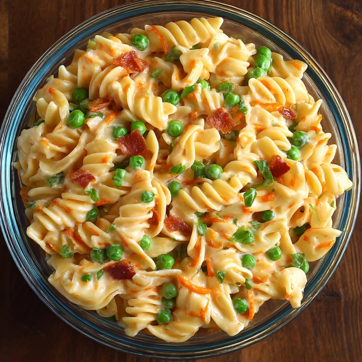 A glass bowl filled with cheesy rotini pasta mixed with peas, shredded carrots, and bacon pieces, topped with fresh herbs.