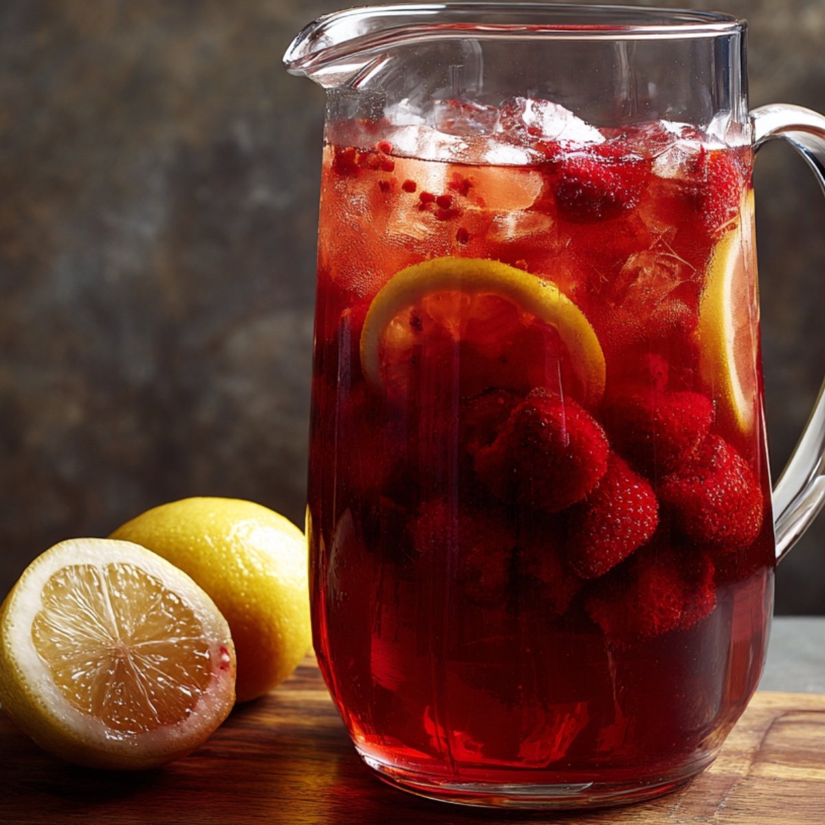 A large glass pitcher filled with raspberry iced tea, lemon slices, ice, and whole raspberries, with fresh lemons nearby.