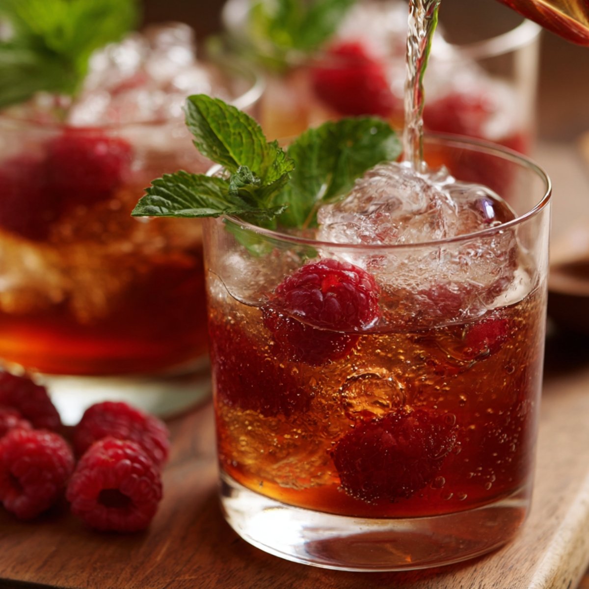 A glass filled with ice, raspberries, and mint leaves, as raspberry tea is poured in, creating a refreshing drink.