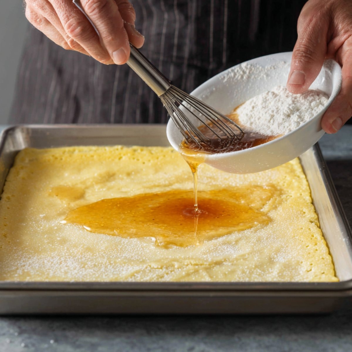 Hands holding a whisk and bowl, pouring vanilla mixture over a baked sheet pan pancake.