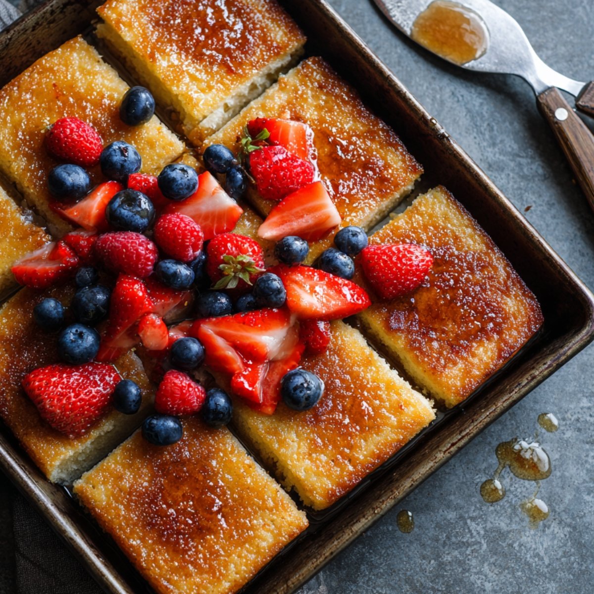 Golden sheet pan pancakes cut into squares, topped with fresh strawberries, blueberries, and syrup.