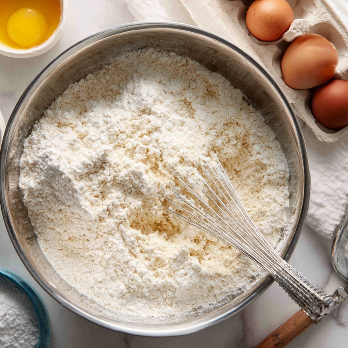 arge mixing bowl filled with flour mixture and a whisk, surrounded by eggs and baking ingredients.