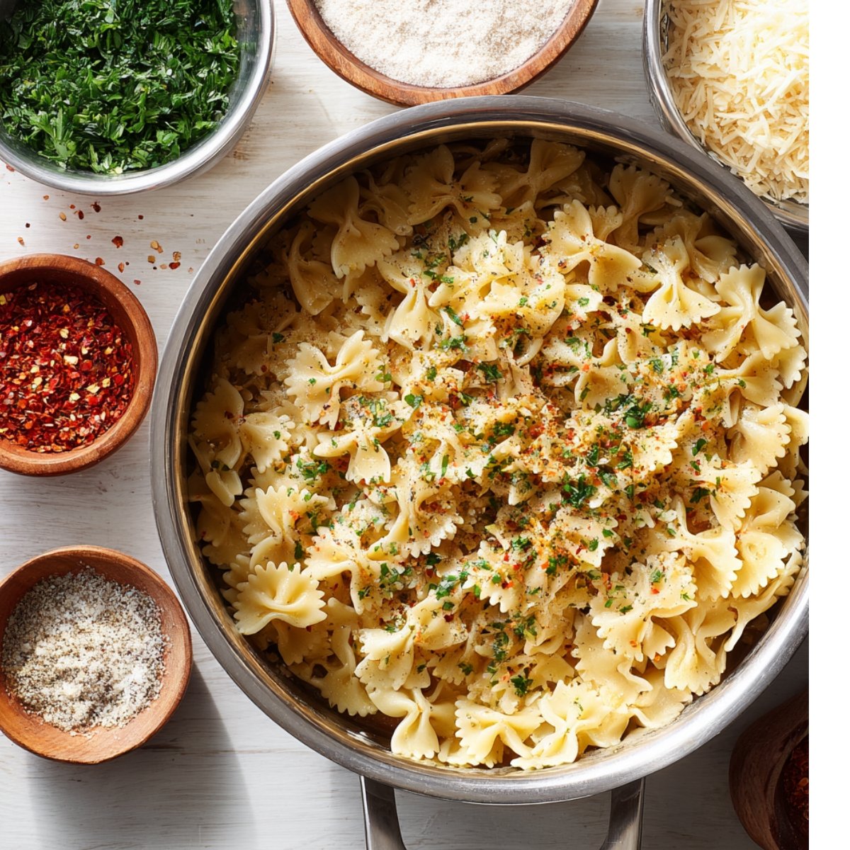 Cooked farfalle pasta in a large skillet topped with chopped parsley and red pepper flakes, surrounded by bowls of Parmesan, spices, and herbs.