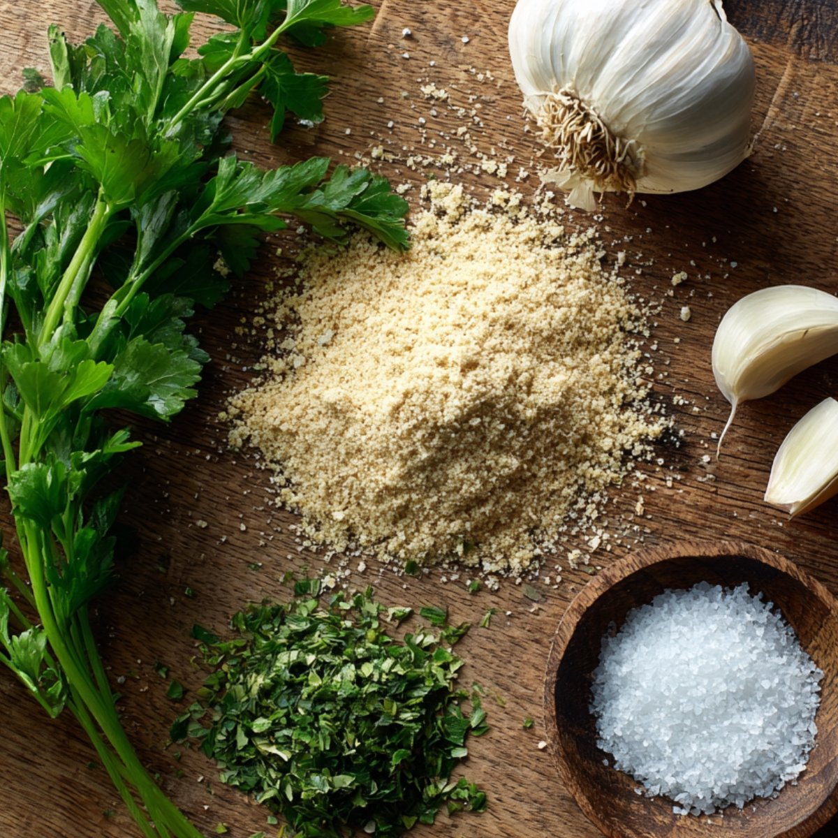 Fresh parsley, garlic cloves, a bulb of garlic, coarse salt, chopped herbs, and grated Parmesan cheese arranged on a rustic wooden board.