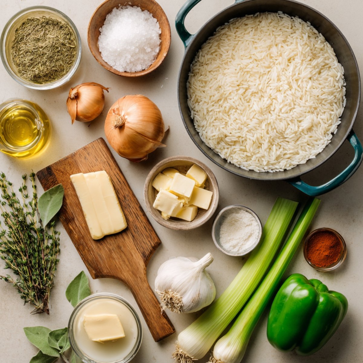 Ingredients for creamy smothered chicken and rice laid out: rice, onions, garlic, celery, butter, herbs, and spices.