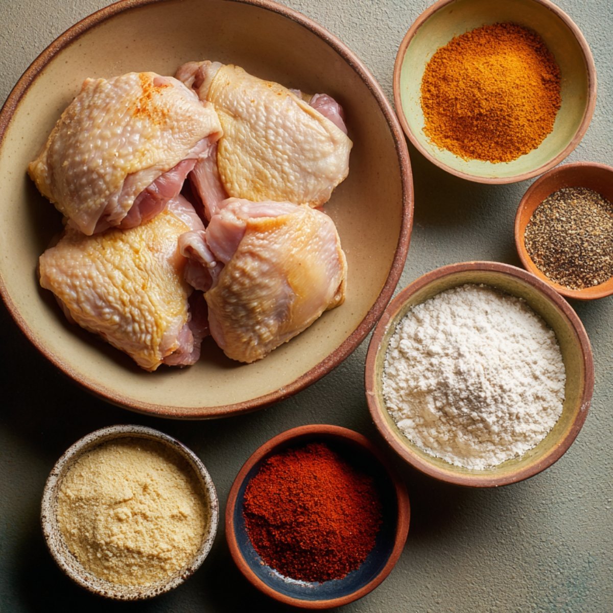 Raw chicken thighs with bowls of flour, paprika, black pepper, and seasonings prepared for cooking.