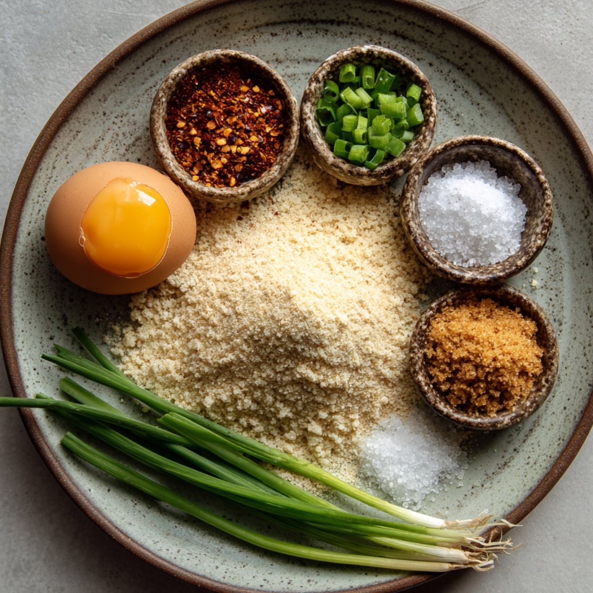Plate with egg yolk, breadcrumbs, brown sugar, salt, red pepper flakes, and chopped green onions arranged neatly.