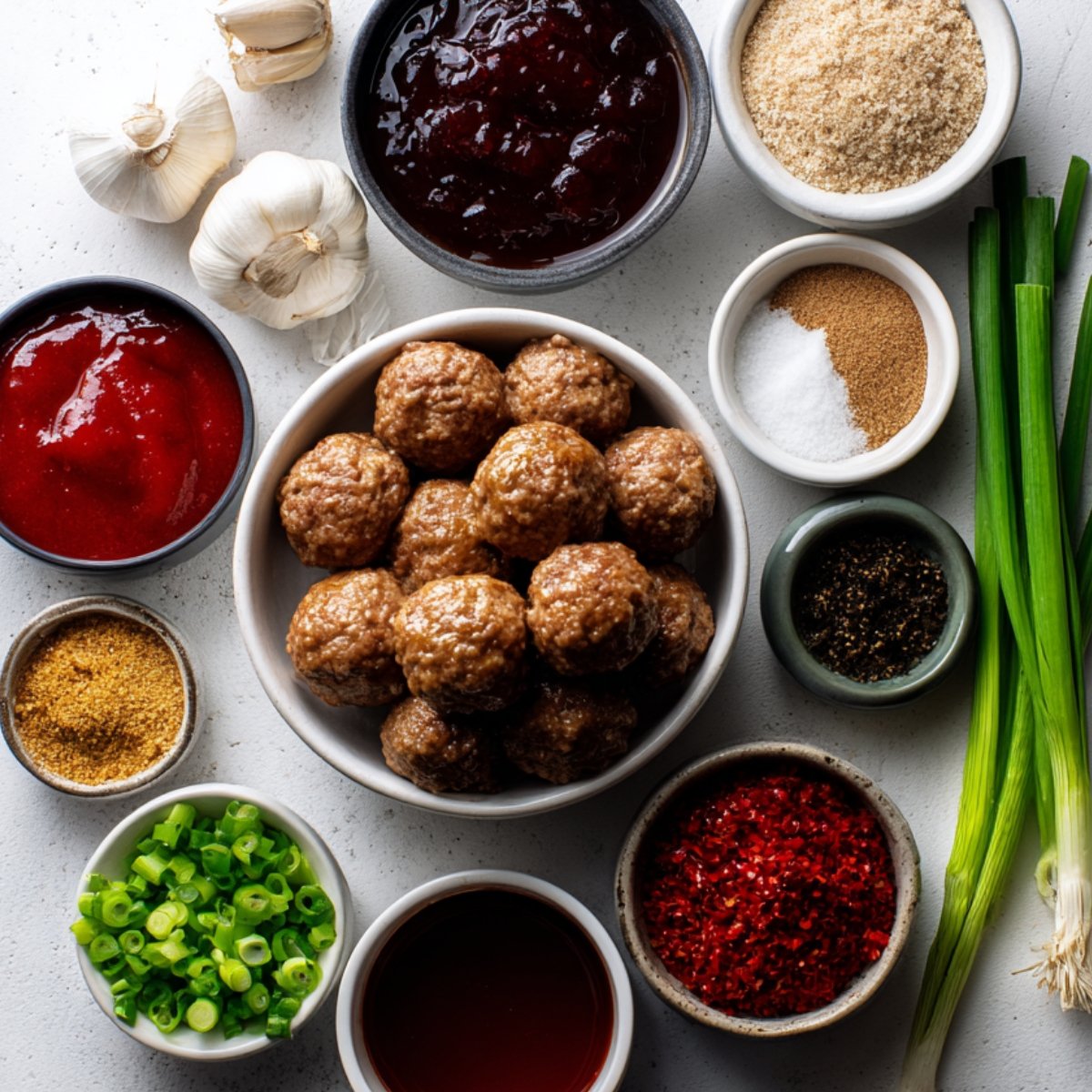 Assorted ingredients for jelly meatballs including raw meatballs, grape jelly, chili sauce, breadcrumbs, garlic, spices, and green onions displayed in small bowls.