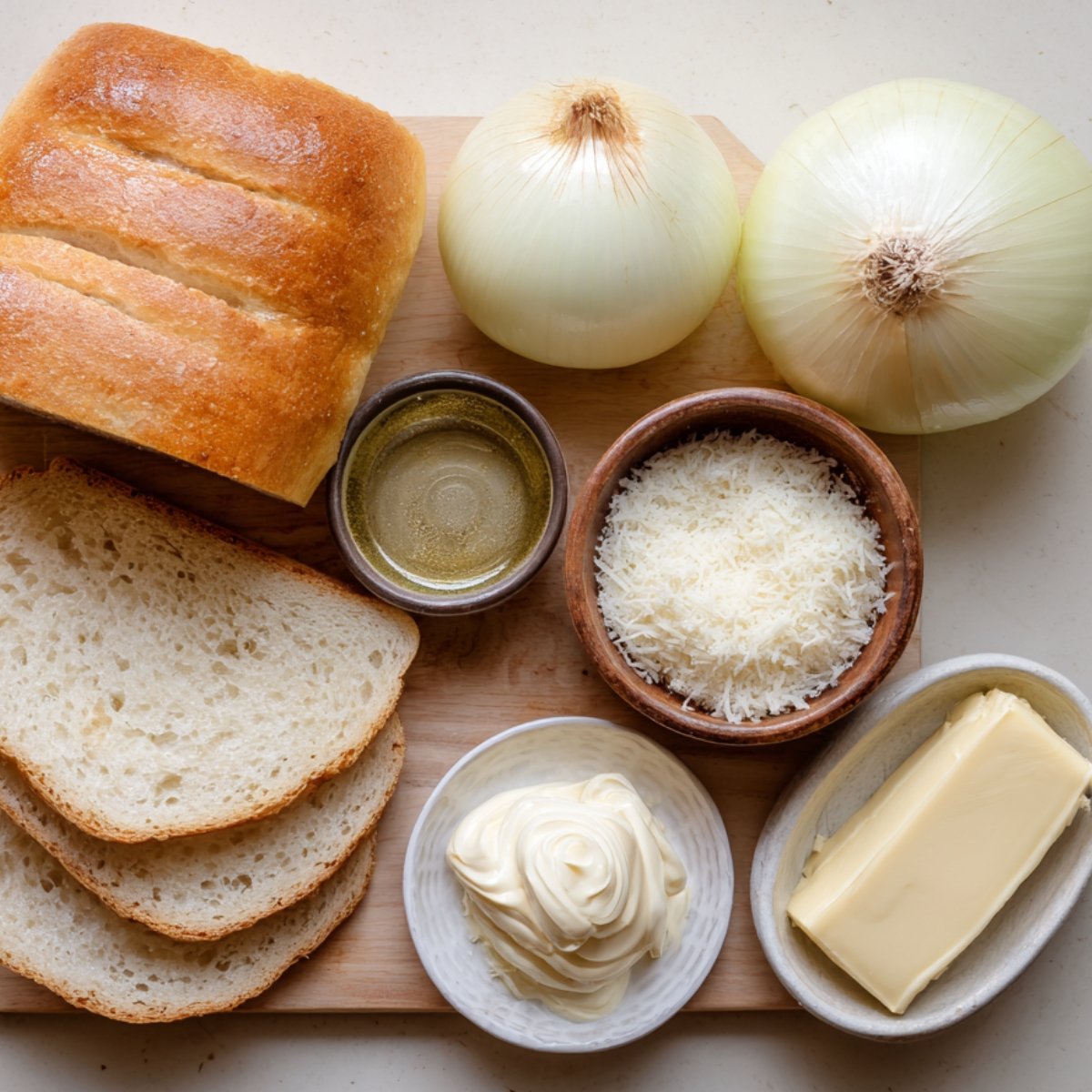 Ingredients laid out on a wooden board including bread slices, onions, butter, mayonnaise, Parmesan cheese, and oil.