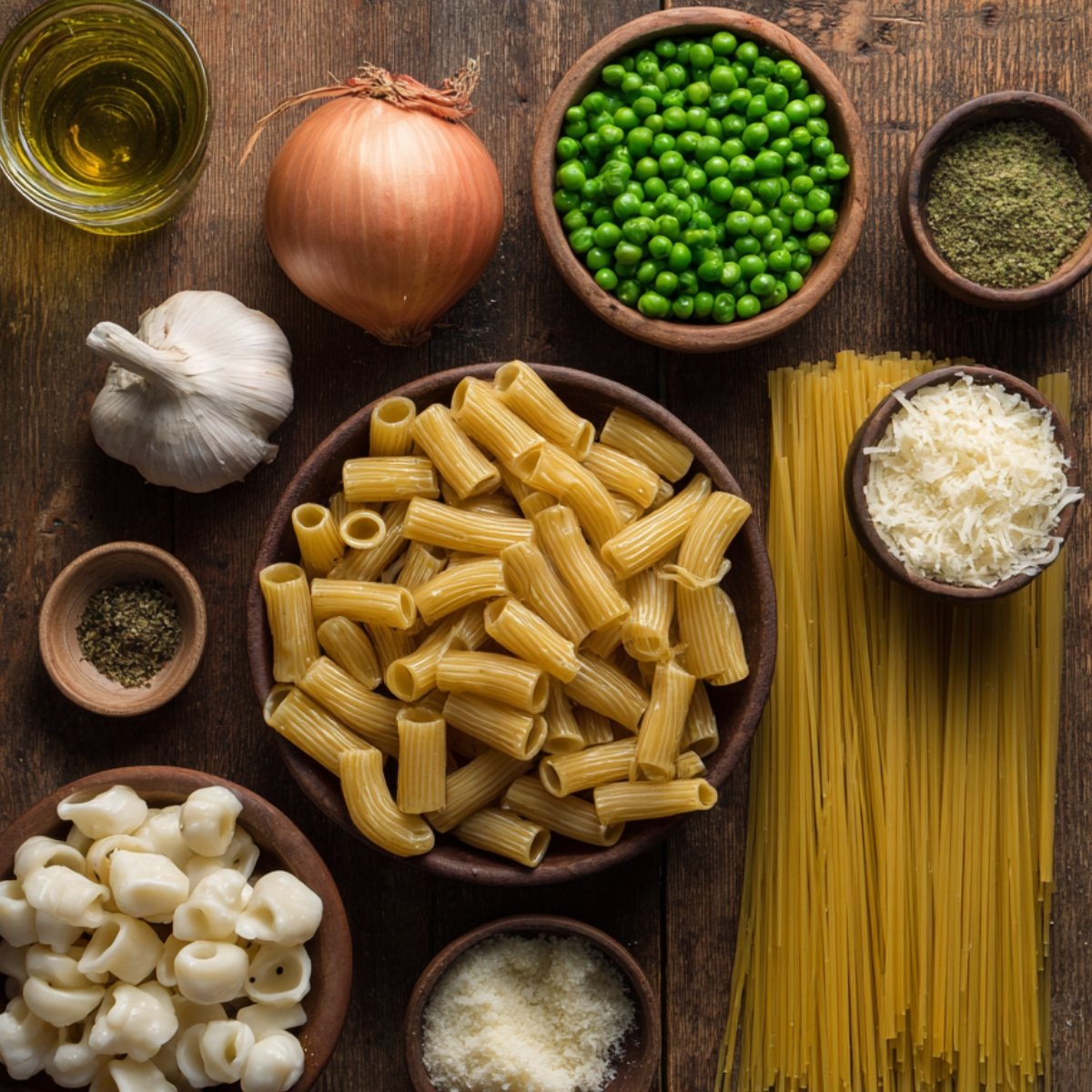 Overhead view of pasta ingredients on a rustic wooden table: rigatoni, spaghetti, garlic, onion, peas, grated Parmesan, mozzarella pearls, olive oil, and seasonings arranged neatly in bowls.