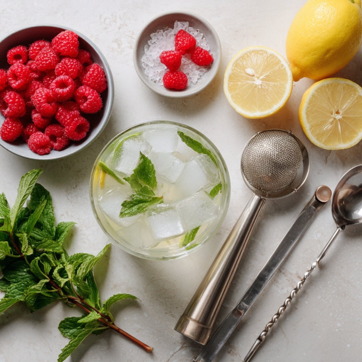 Fresh raspberries, lemons, mint leaves, sugar crystals, and bar tools laid out on a white surface beside a glass of iced tea with mint and lemon.