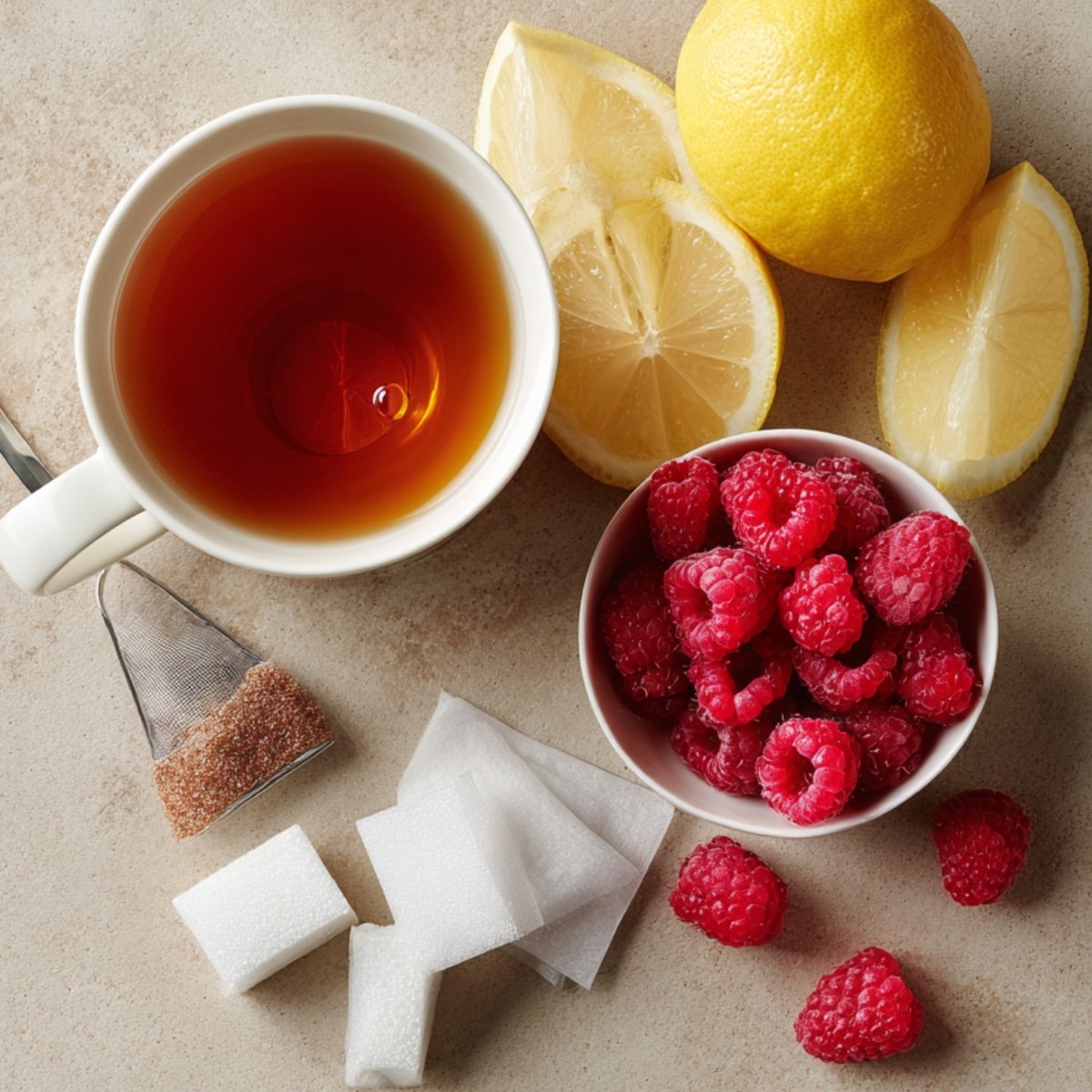 A white cup filled with hot tea, surrounded by lemon halves, fresh raspberries in a small bowl, sugar cubes, and a tea bag on a light surface.