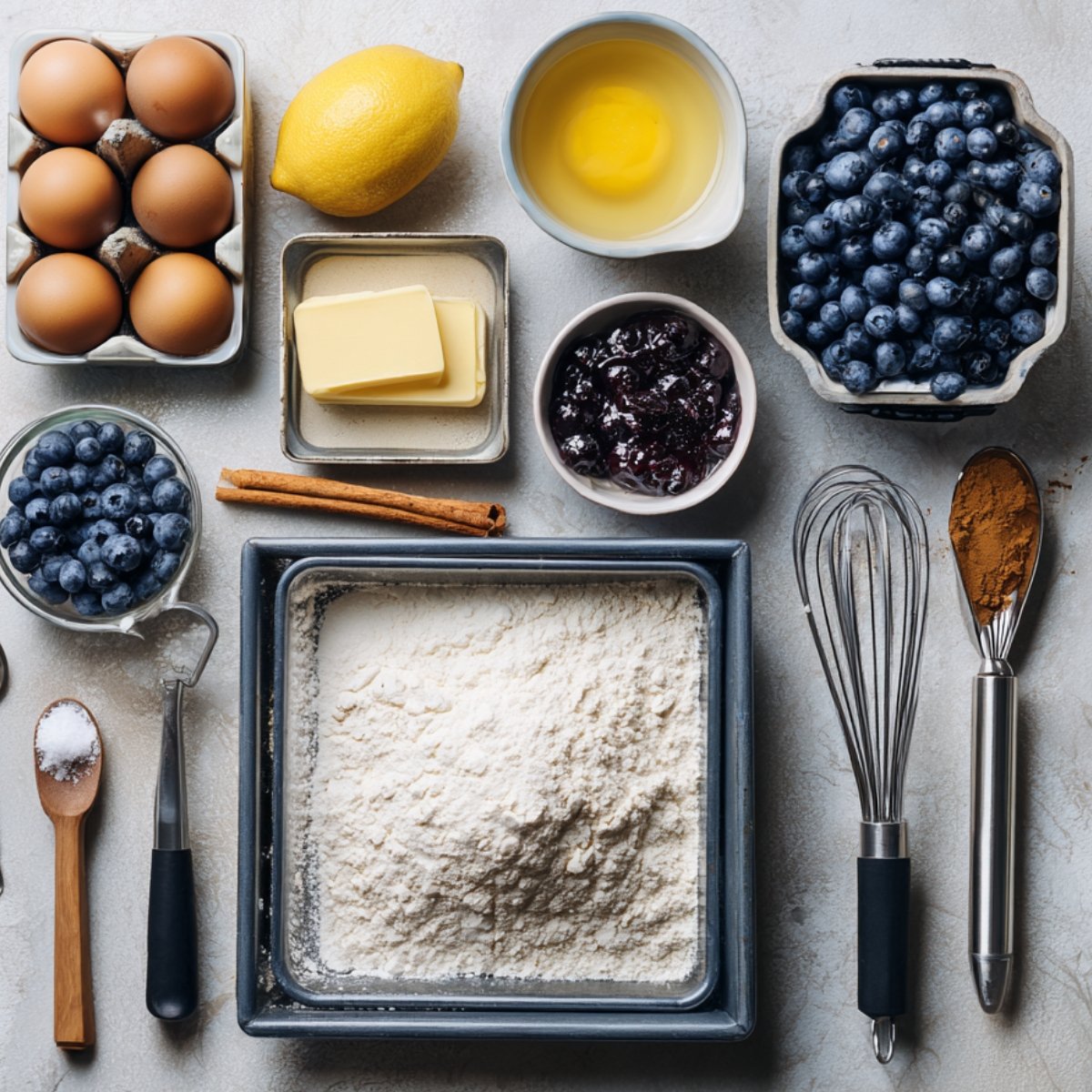 Flat lay of ingredients including flour, butter, eggs, milk, blueberries, lemon, cinnamon sticks, and whisk, ready for pancake preparation.