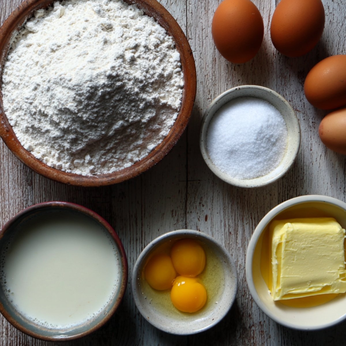 : Overhead view of basic pancake ingredients: flour, sugar, butter, eggs, and milk arranged in small bowls.