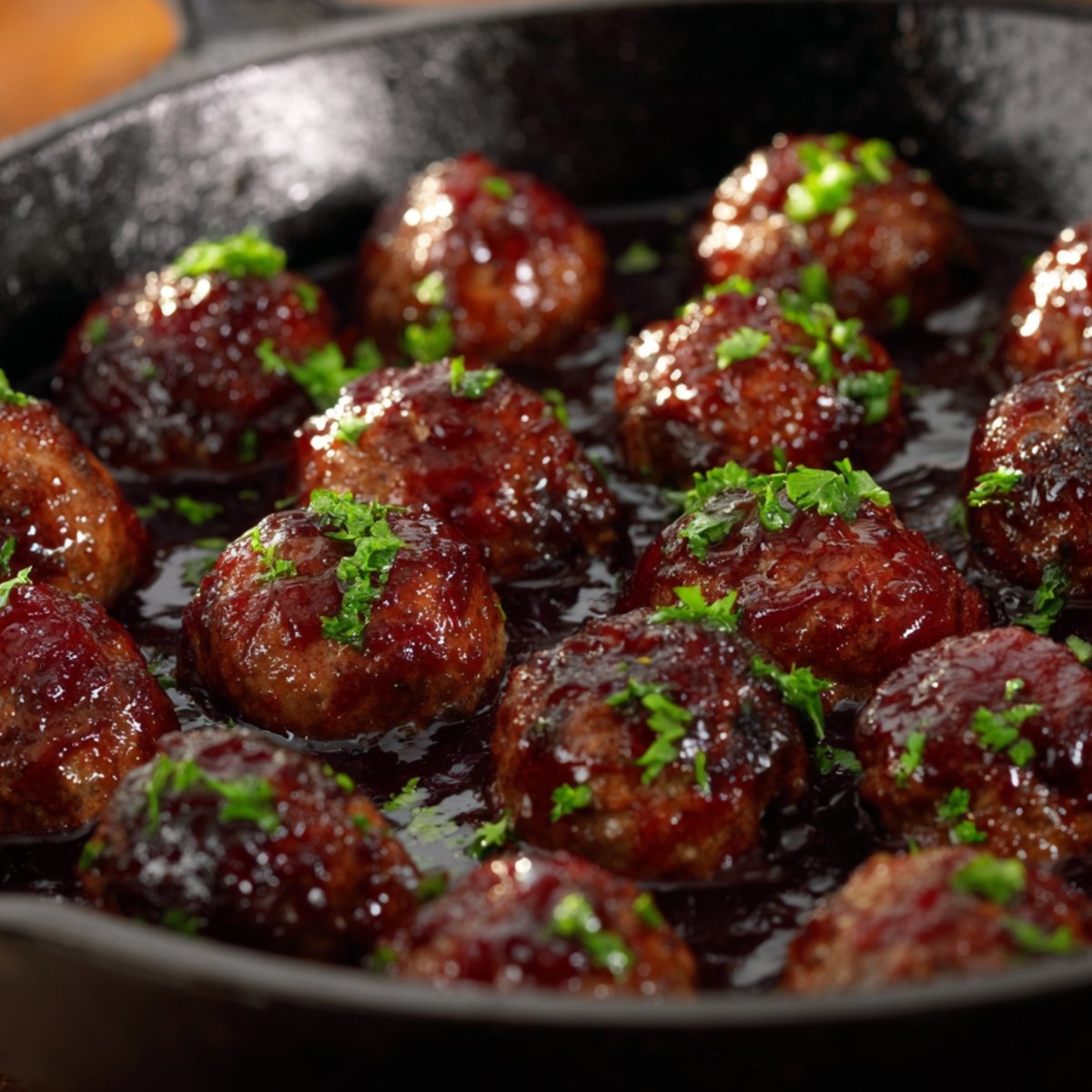Glazed meatballs in a cast iron skillet, coated in dark sticky sauce and garnished with fresh green herbs.