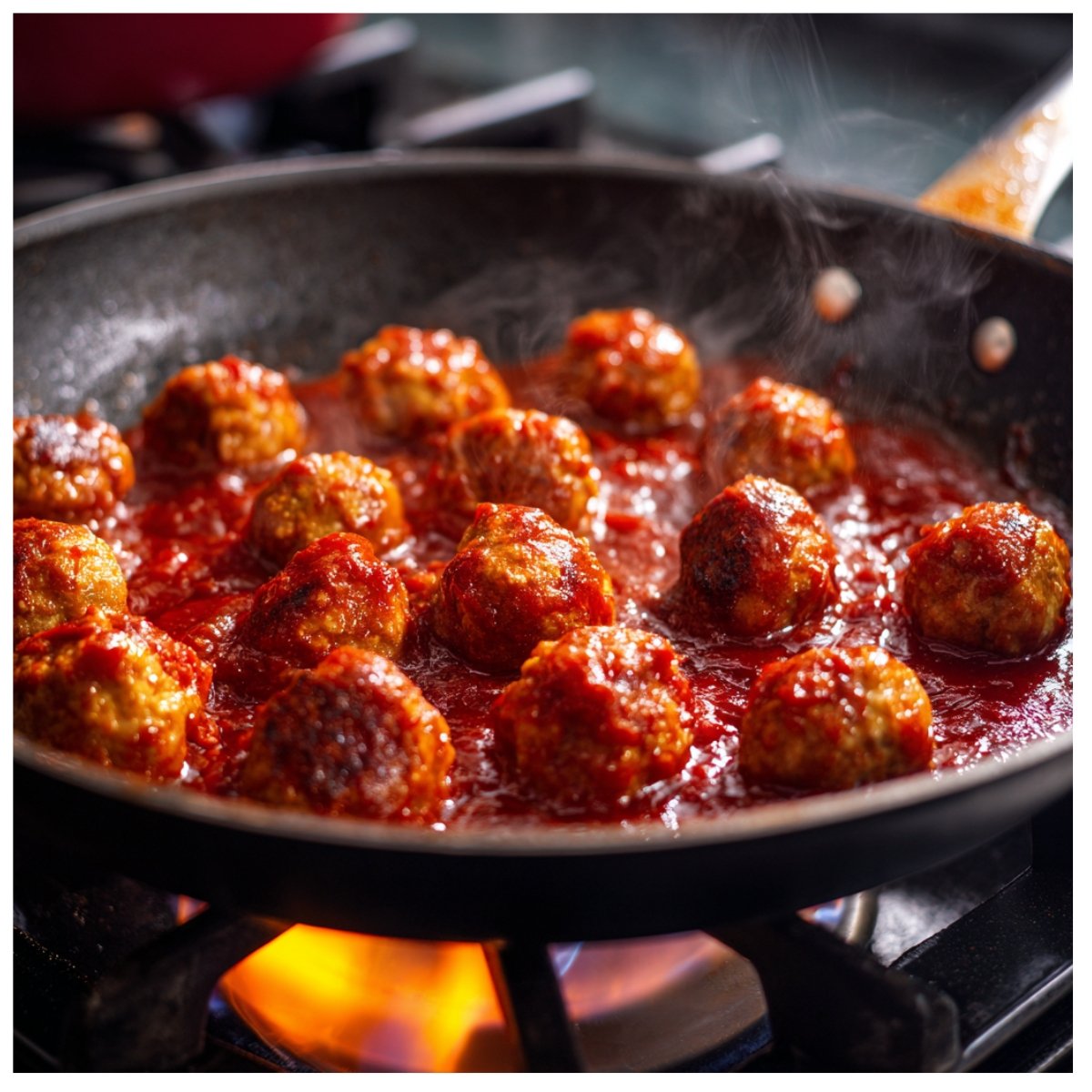 Meatballs simmering in a skillet with rich red sauce bubbling over open flame.