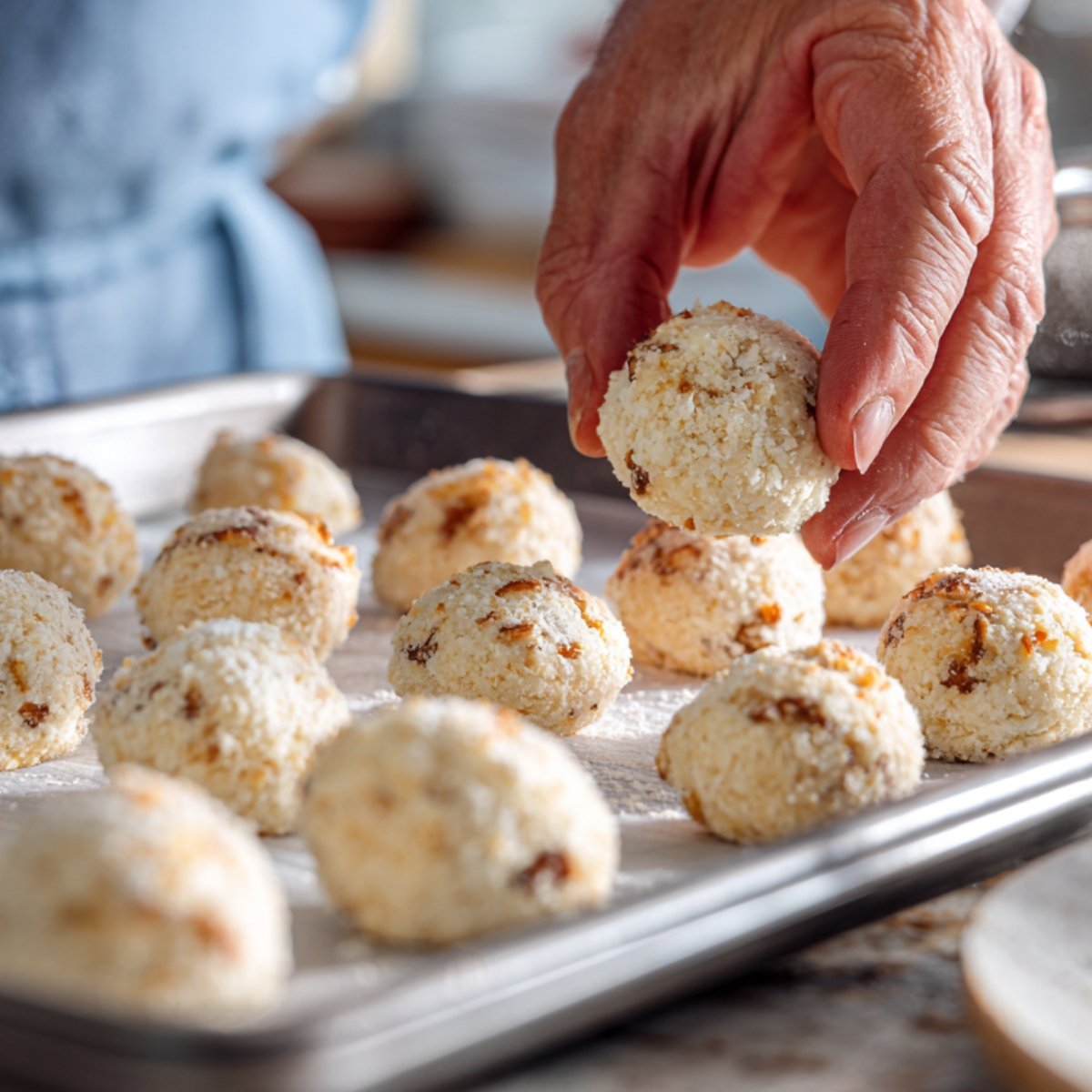 A hand placing rounded balls of cookie dough on a lined baking sheet, ready to bake.