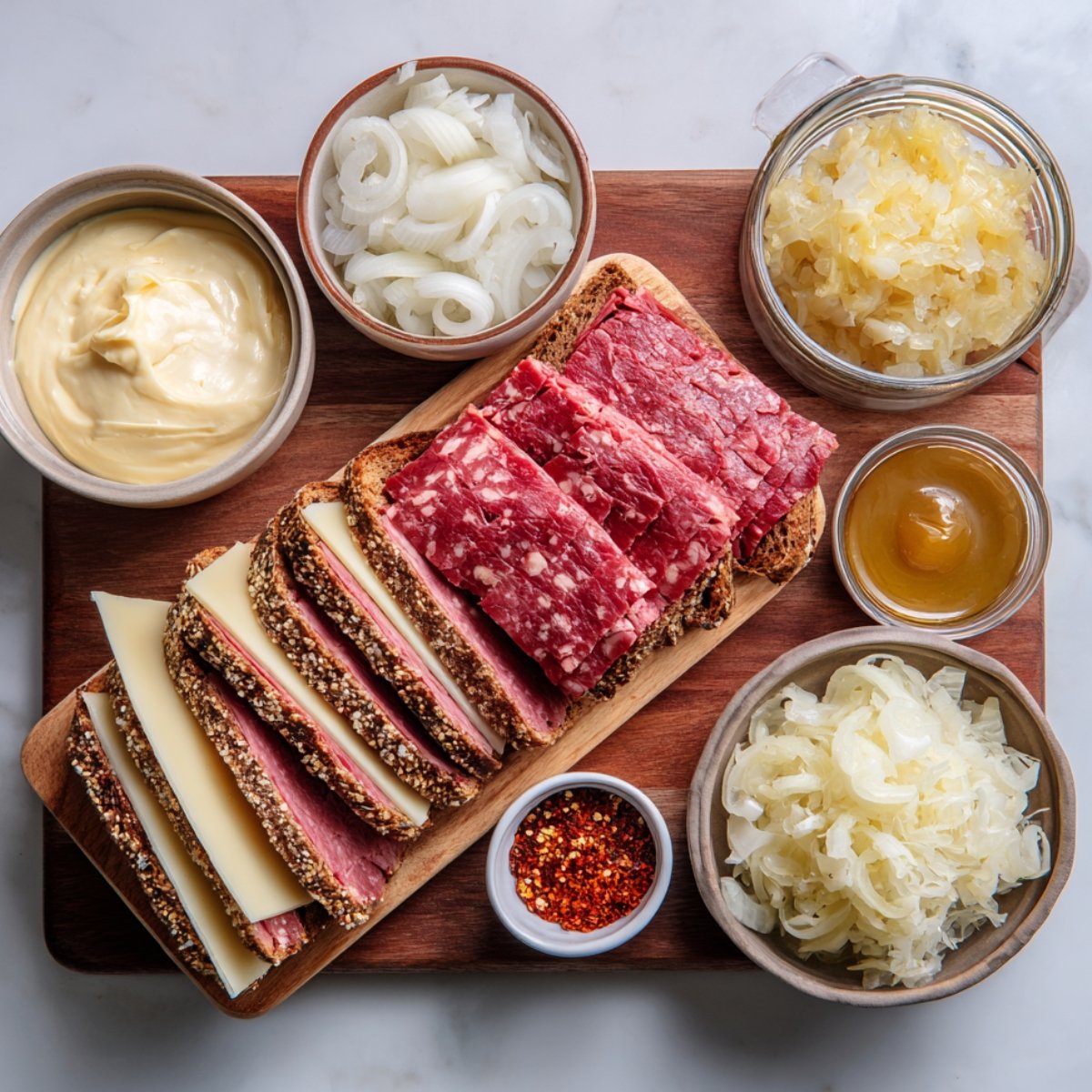 A grilled Reuben sandwich cut in half and stacked. Melted Swiss cheese, sauerkraut, and corned beef are layered between crispy toasted bread, with cheese dripping from the edges.