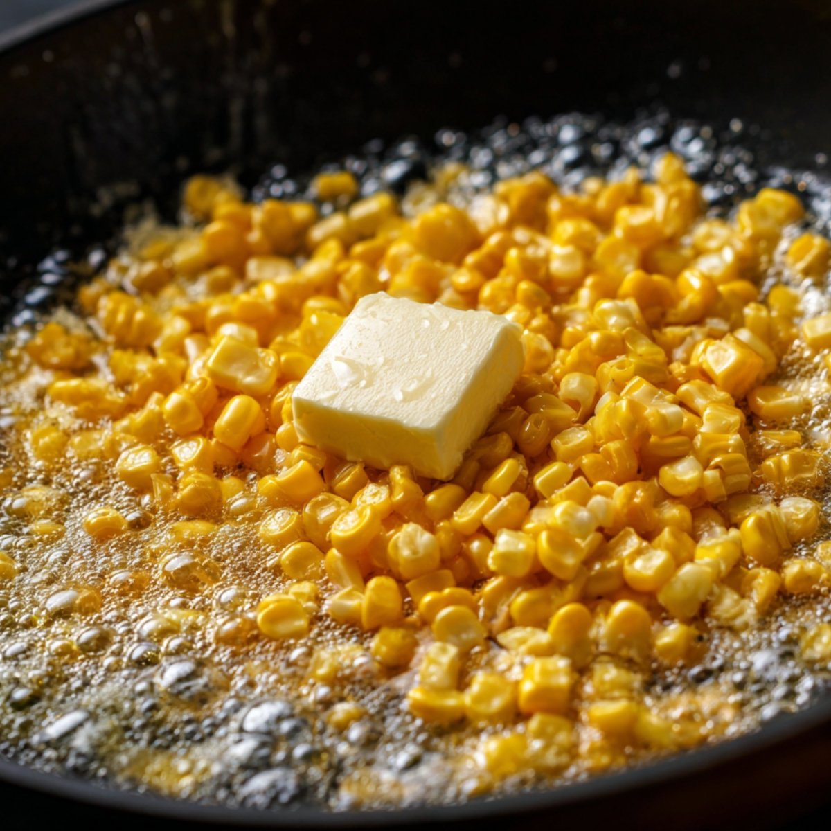 Golden corn sizzling in a skillet with a pat of butter melting in the center.