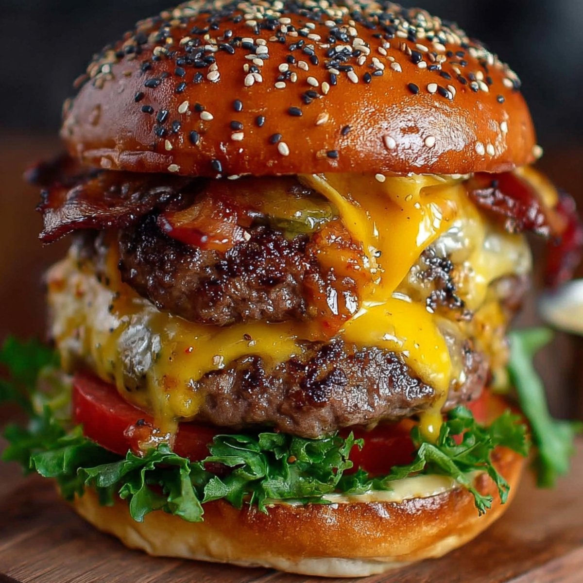Close-up of a hamburger patty recipe double cheeseburger with lettuce, tomato, crispy bacon, and melted cheddar on a seeded brioche bun.
