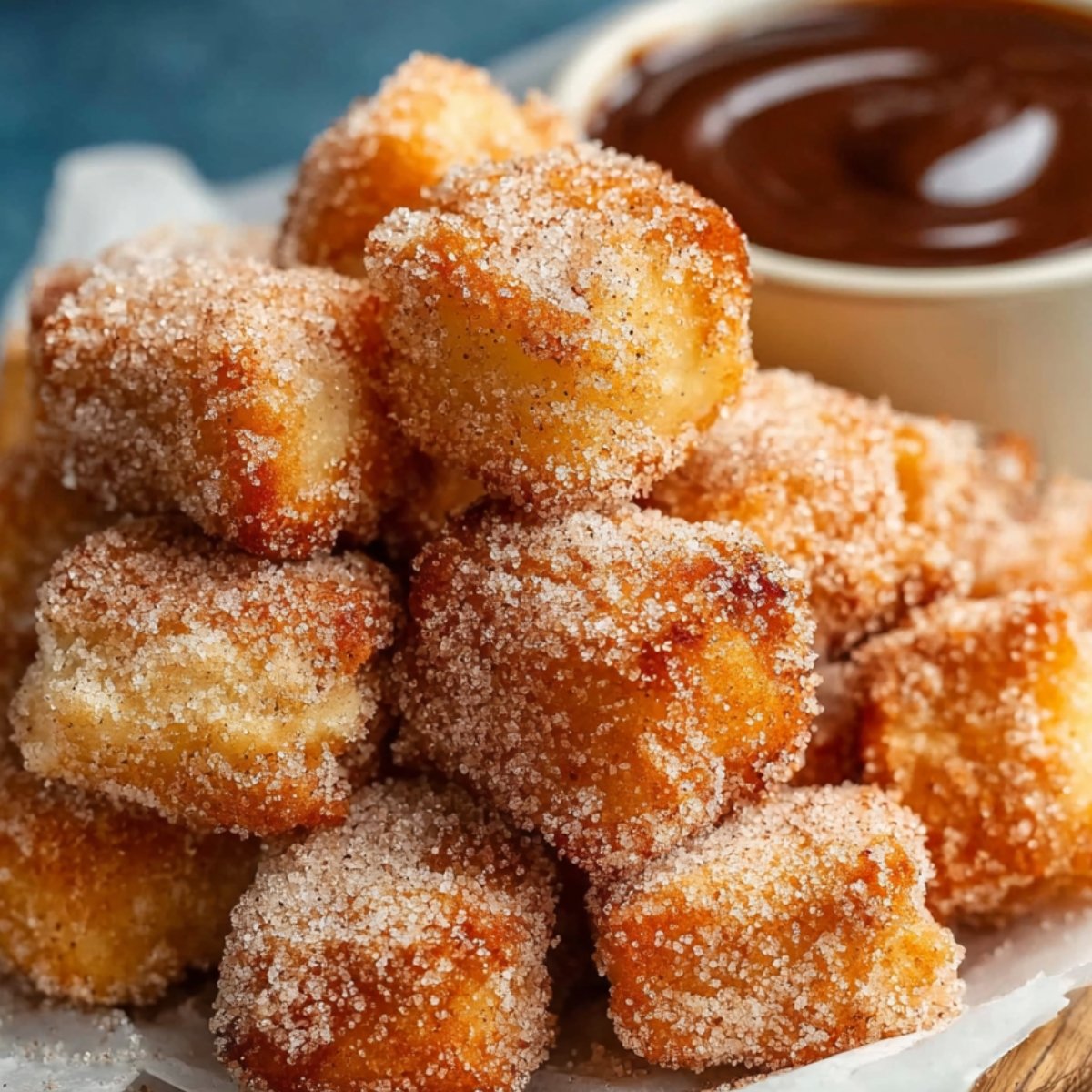 Fresh churro bites coated in cinnamon sugar, stacked on parchment paper with a bowl of chocolate dipping sauce.