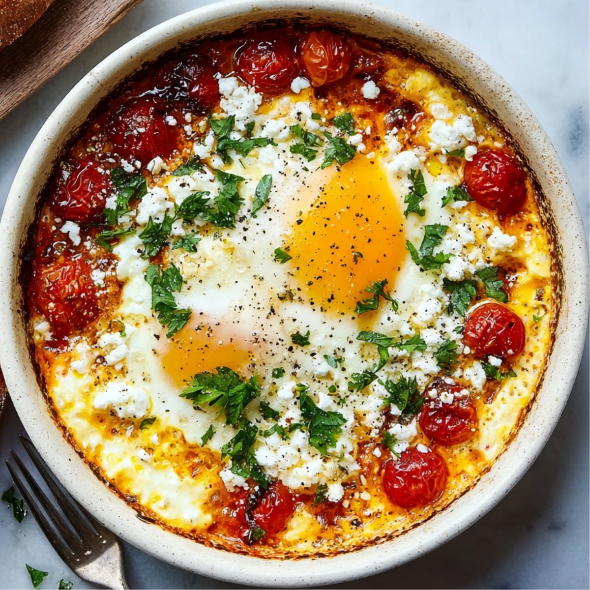 Baked feta eggs in a bowl with two sunny-side-up eggs, cherry tomatoes, crumbled feta, and fresh parsley, seasoned with black pepper.