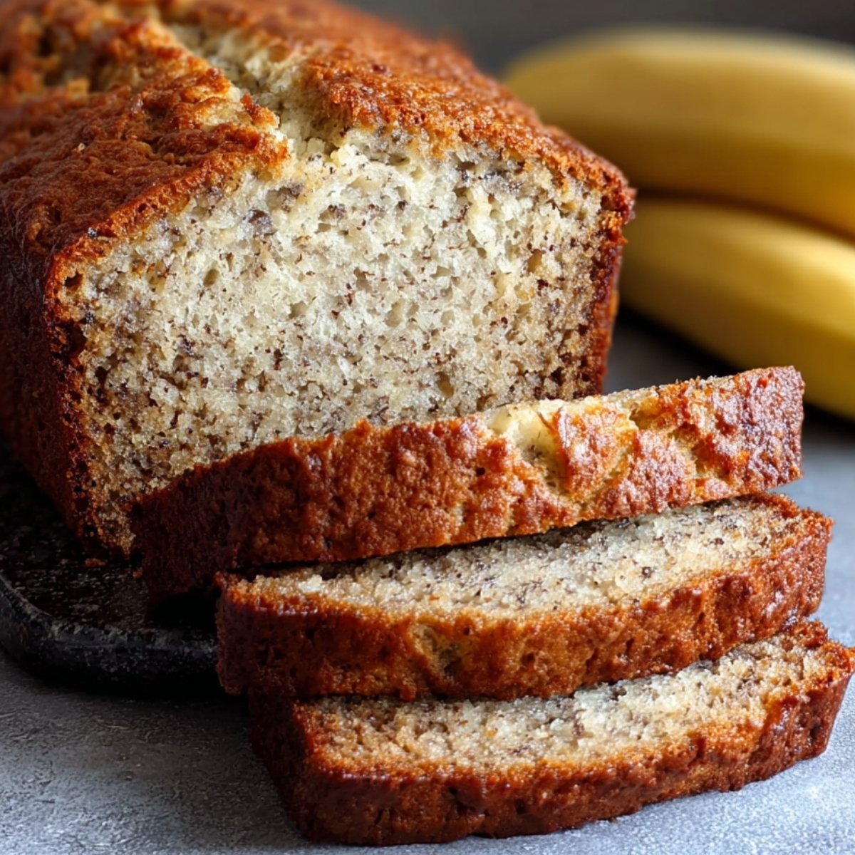 A sliced loaf of moist Banana Bread Recipe on a dark serving board, showing its soft interior with specks of banana and a golden-brown crust, with bananas in the background.