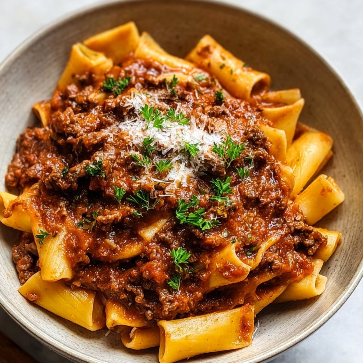 A bowl of pasta with beef ragu recipe sauce, garnished with fresh herbs and grated Parmesan cheese.