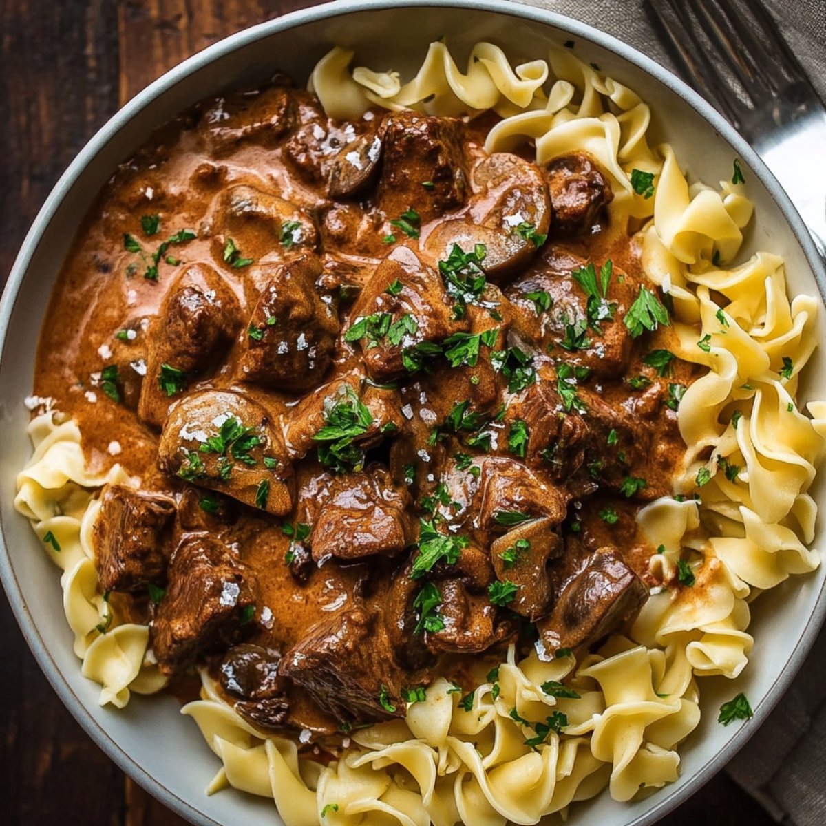 "A serving of Beef Stroganoff with tender beef chunks in a creamy sauce, served over egg noodles and garnished with parsley."