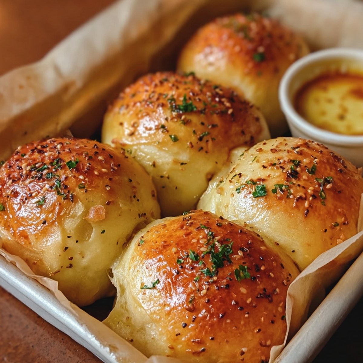 "Tray of golden brown garlic butter bread rolls sprinkled with herbs, served with dipping sauce."