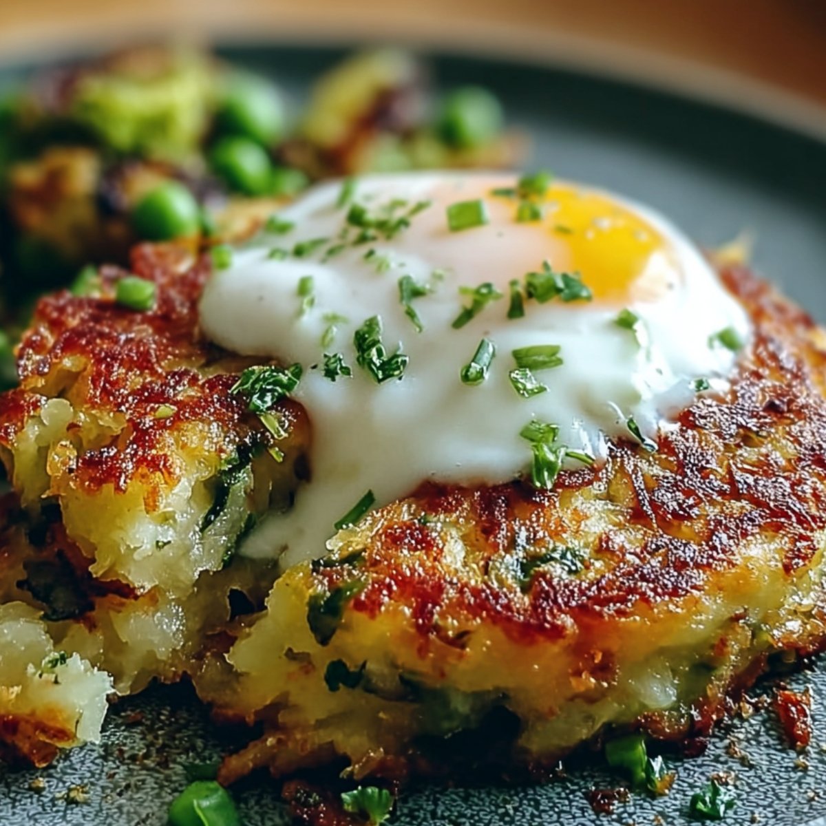 Bubble and Squeak Recipe A plated dish of crispy potato cake topped with a fried egg, garnished with chives and accompanied by peas.