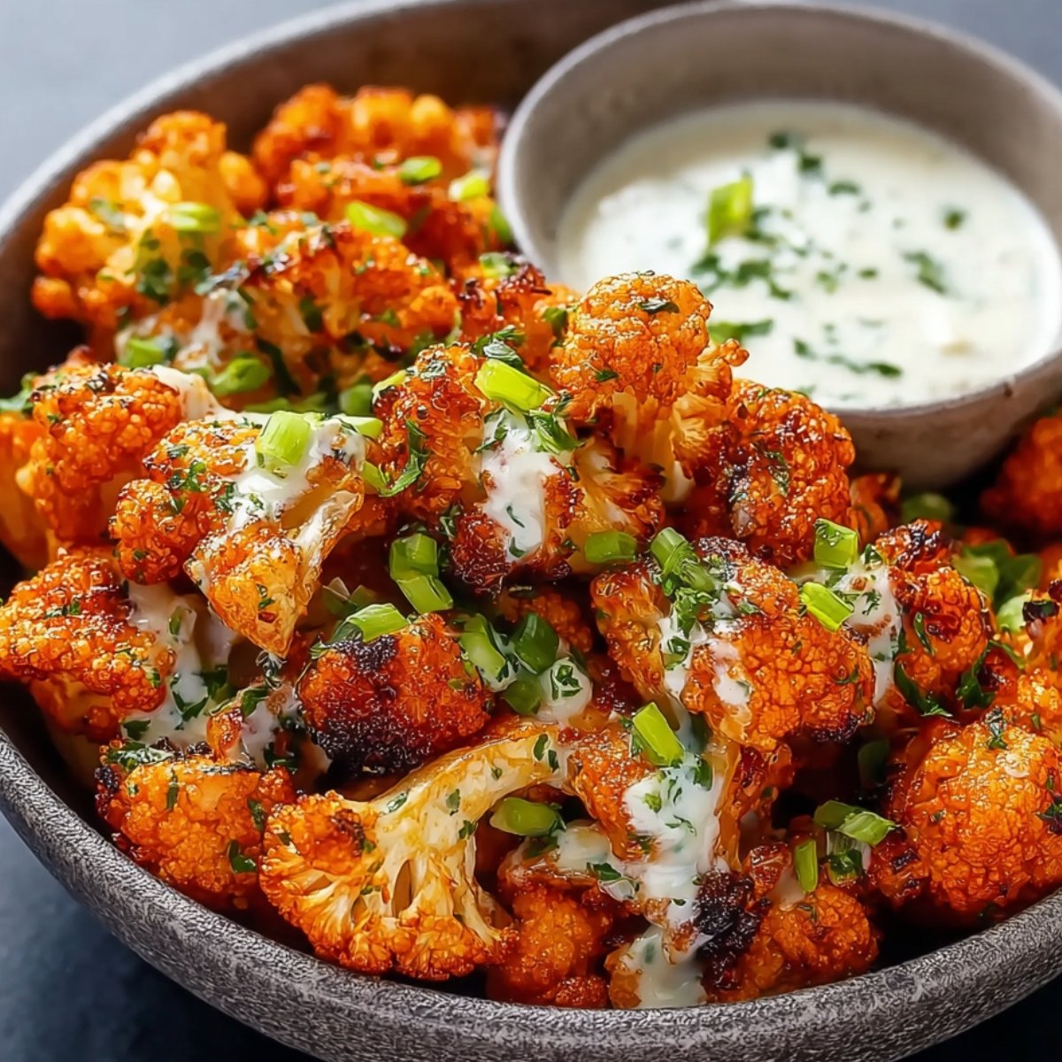 "Crispy buffalo cauliflower served in a bowl with ranch dip, garnished with green onions and parsley."