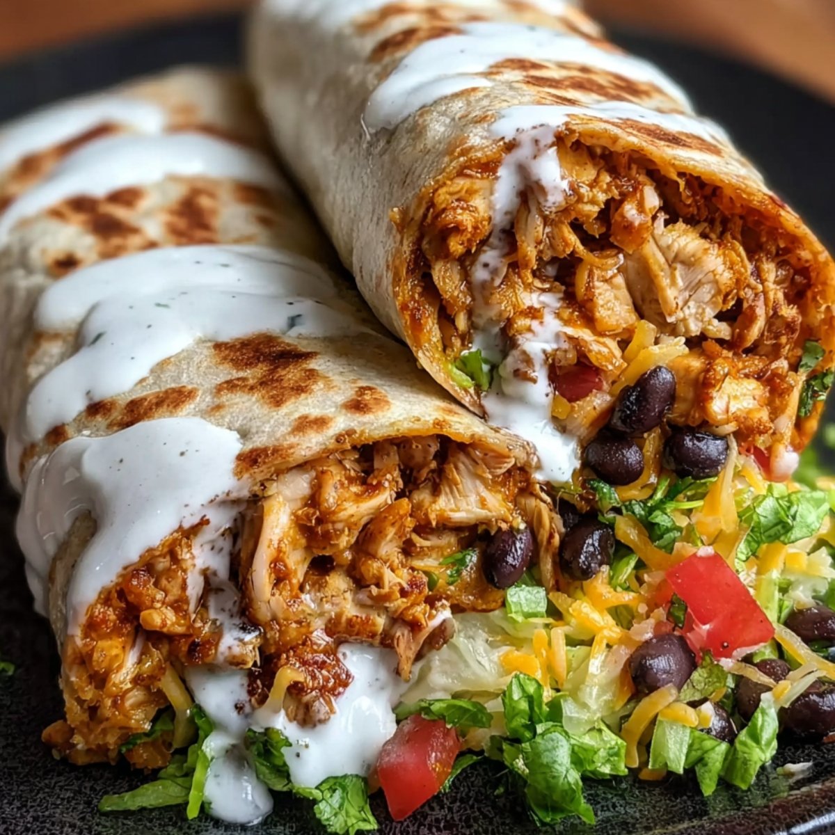 Two cut Burrito Recipe on a plate, stuffed with chicken, black beans, cheese, lettuce, and topped with creamy white sauce.