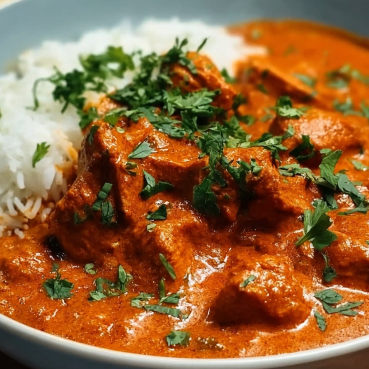 Close-up of Butter Chicken Recipe served with fluffy basmati rice, garnished with fresh cilantro.