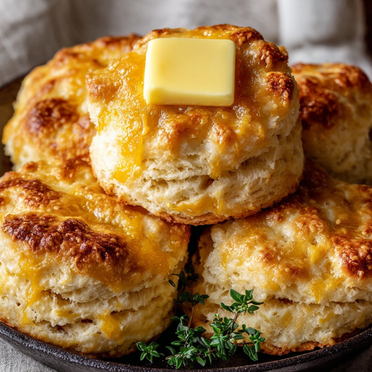 Homemade butter swim biscuits stacked in a dish, golden and flaky with melted butter on top, garnished with fresh herbs.