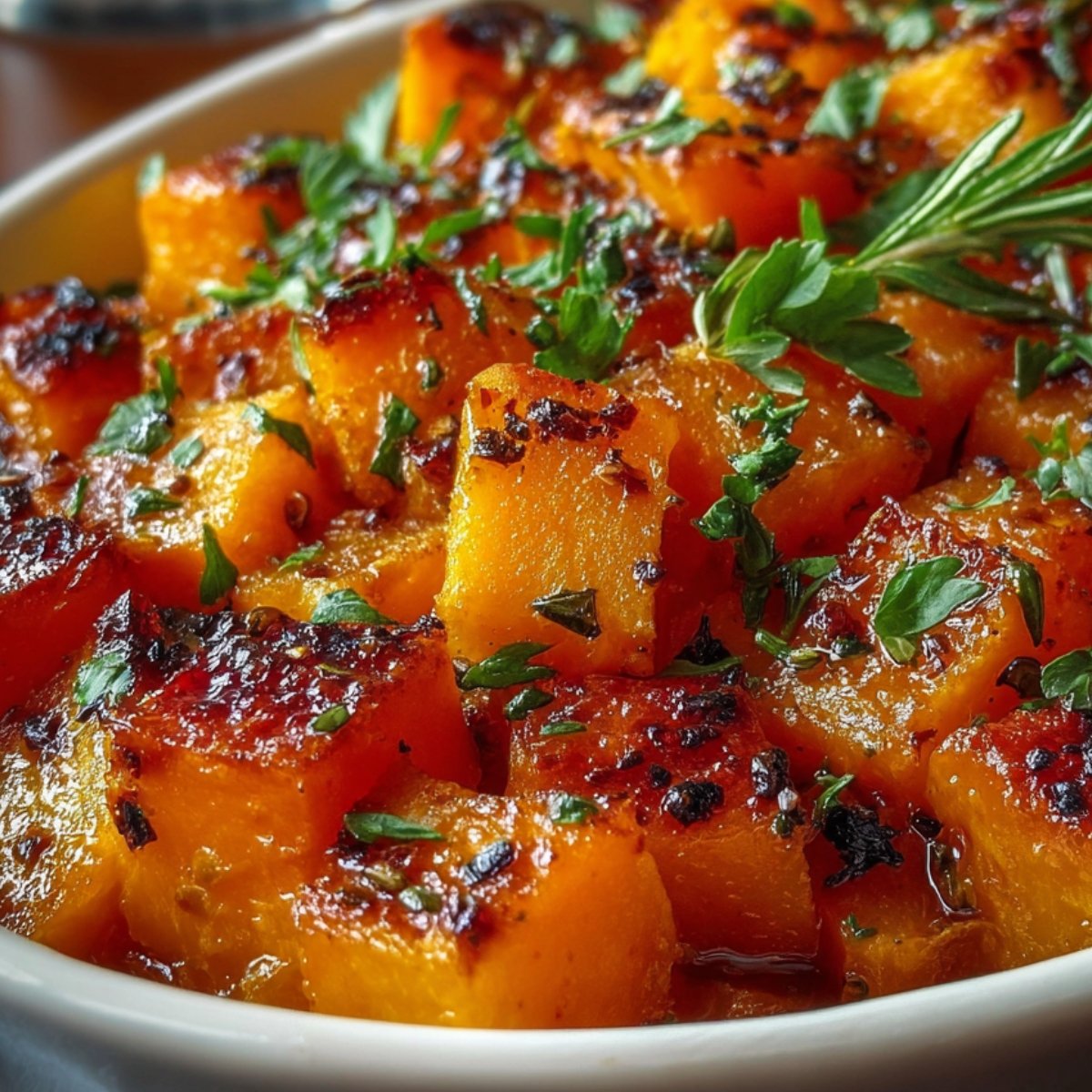 "Golden roasted butternut squash recipe cubes with crispy edges, garnished with fresh herbs in a white serving dish."