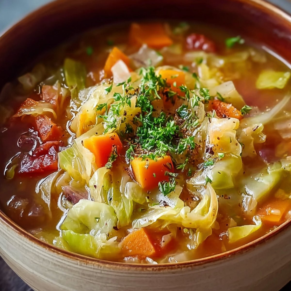 A close-up bowl of homemade cabbage soup with chunks of carrot, tomato, and cabbage, garnished with fresh parsley and cracked pepper.
