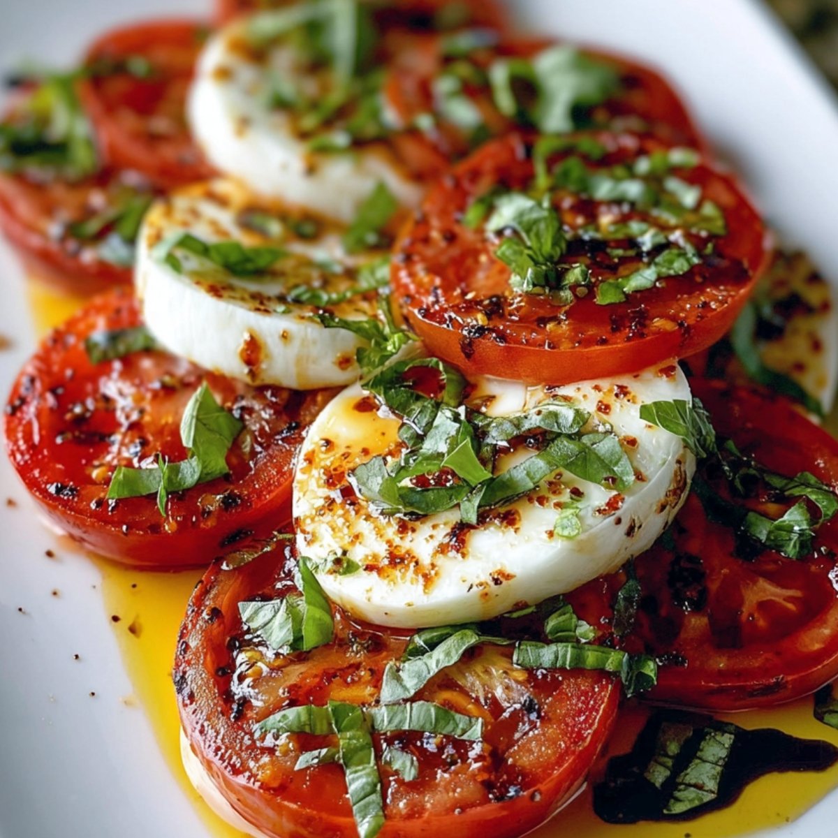 Homemade Caprese salad recipe topped with chopped basil, olive oil, and balsamic glaze.
