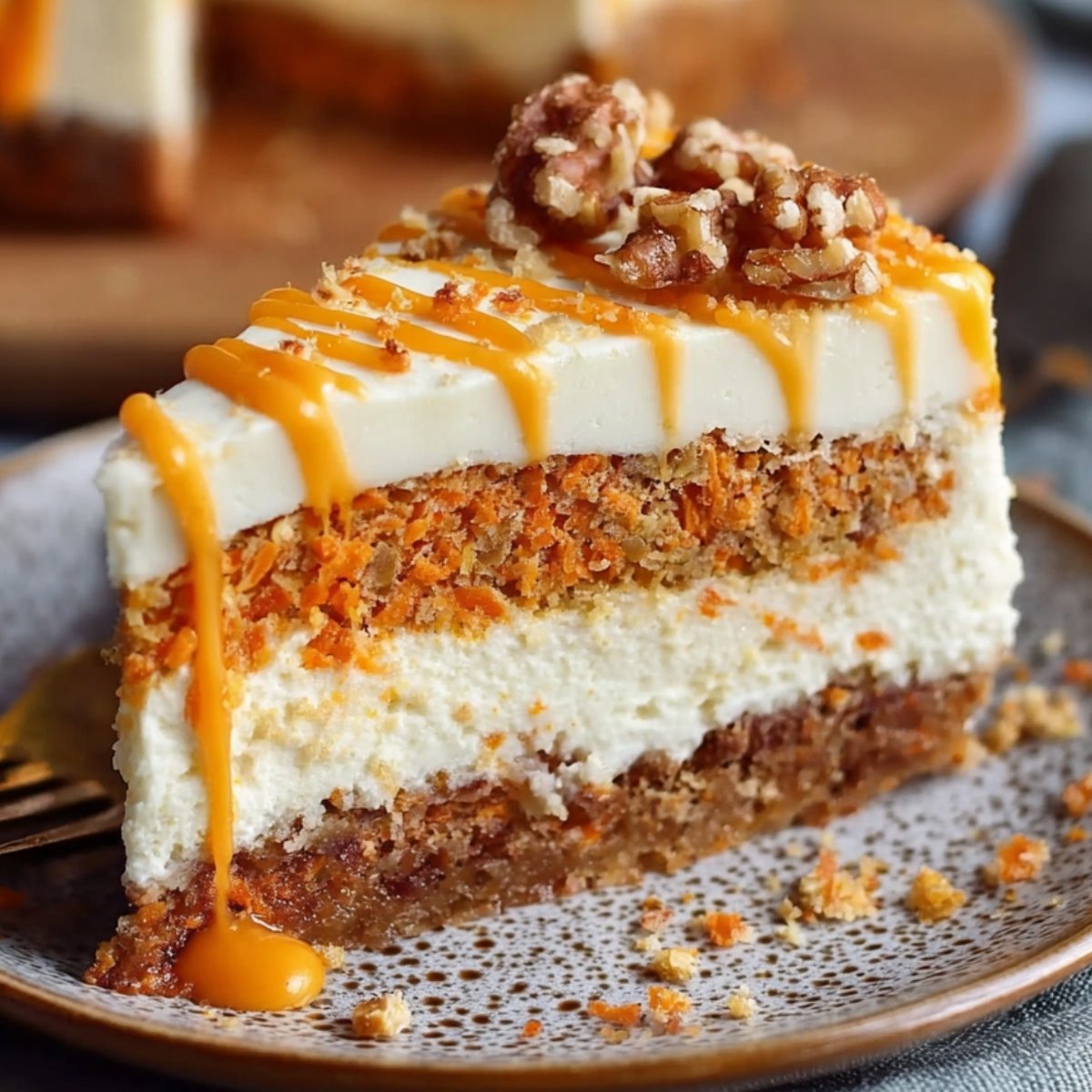 Slice of homemade carrot cake cheesecake with cream cheese frosting, caramel drizzle, and walnut topping on a plate.