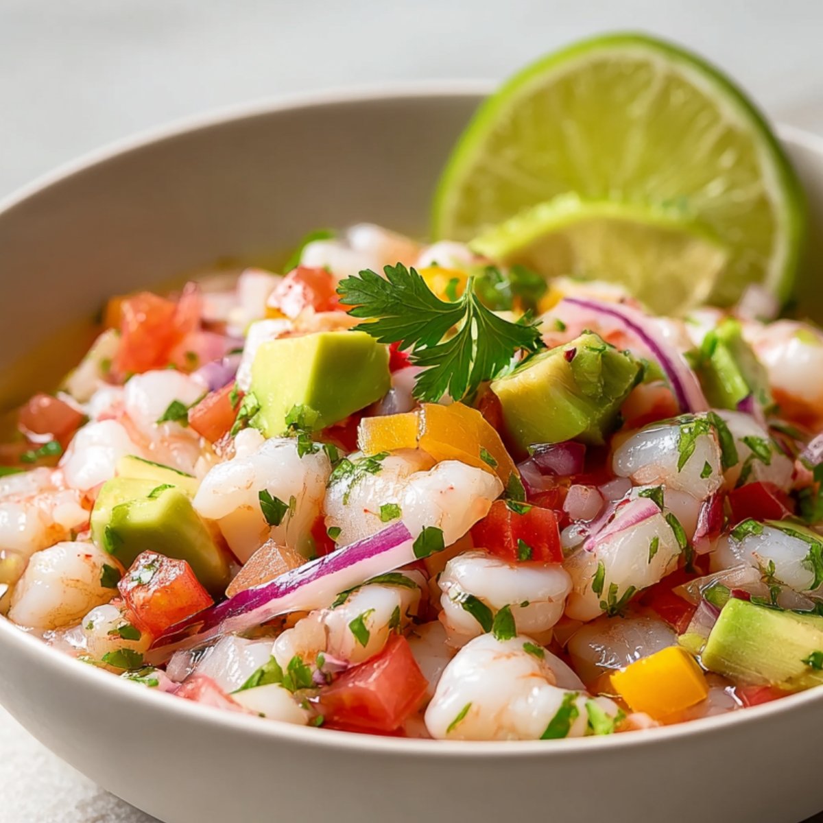 A serving of shrimp ceviche recipe with diced tomatoes, avocado, cilantro, and lime.