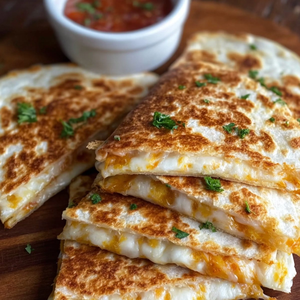 Cooked cheese quesadilla recipe cut into triangular slices, stacked with melted cheese oozing out, garnished with fresh herbs, and served with a side of salsa.