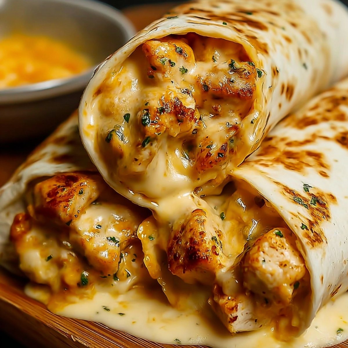 Two cheesy garlic chicken wraps stacked on a wooden board, filled with golden chicken chunks and melted cheese.